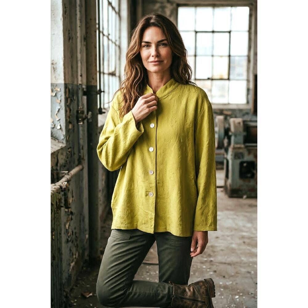 Vintage Chico's Silk Blend Jacket Top Size 3 XL Green Button Front Lightweight